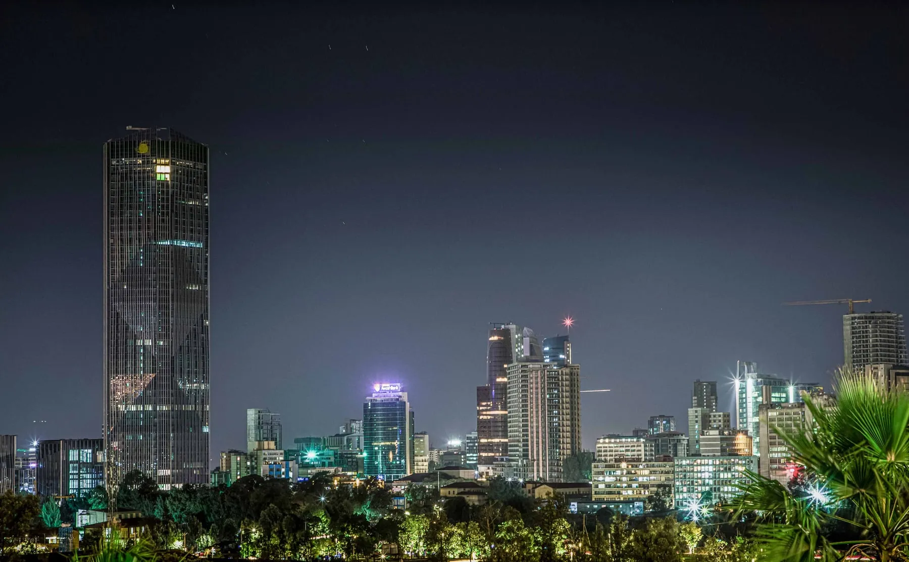 Addis Ababa skyline after dark with illuminated towers rising beyond a foreground of trees and low buildings.