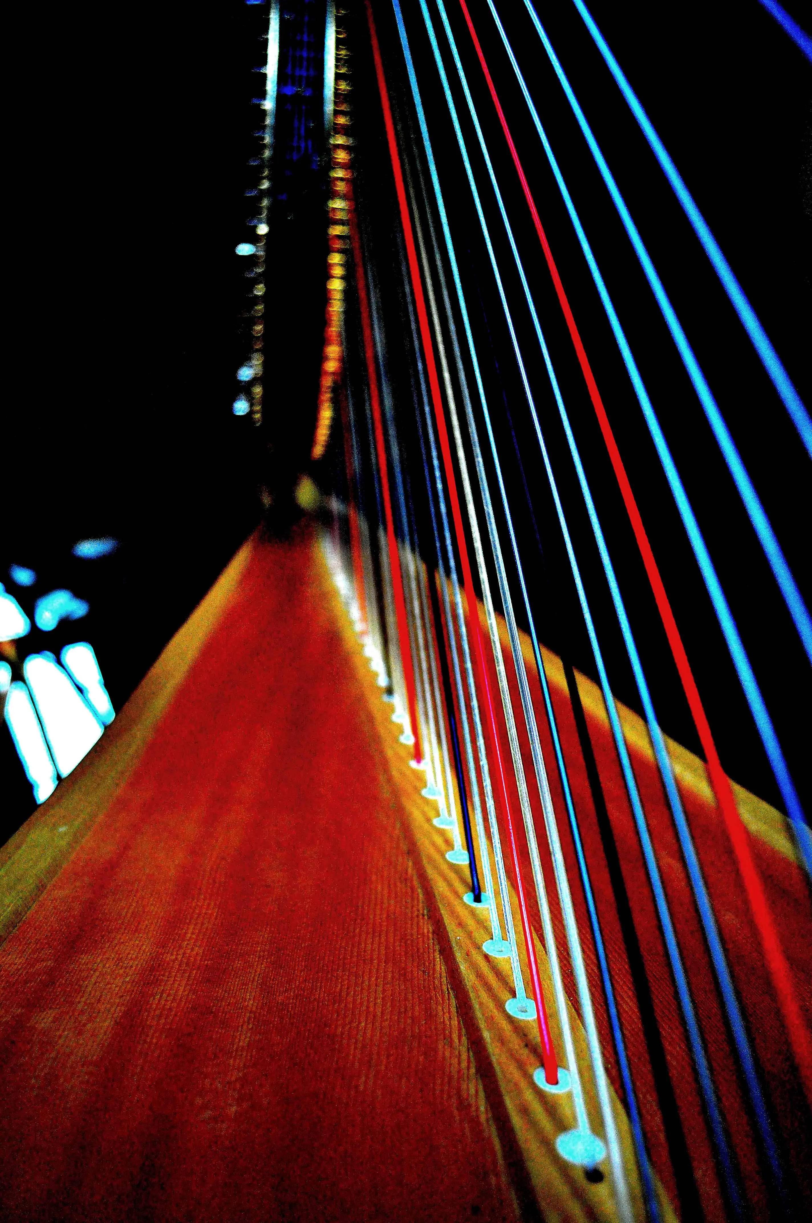 Close view through a harp's parallel strings toward its curved wooden frame.