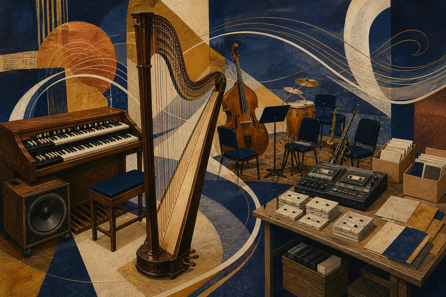 Editorial illustration arranging a harp, double-manual organ, bass, percussion, reeds, cassette decks, and mailers in one studio-like space.