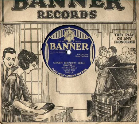 Scanned 1920s Banner Records paper sleeve with a shellac disc at its center and drawings of customers using home phonographs.