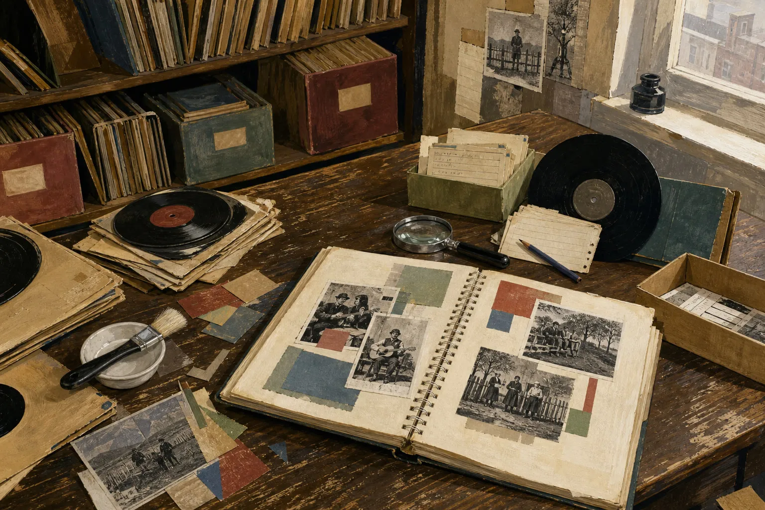 Editorial illustration of a worn 1952 worktable covered with shellac records, catalog cards, clippings, brushes, and an open collage notebook.