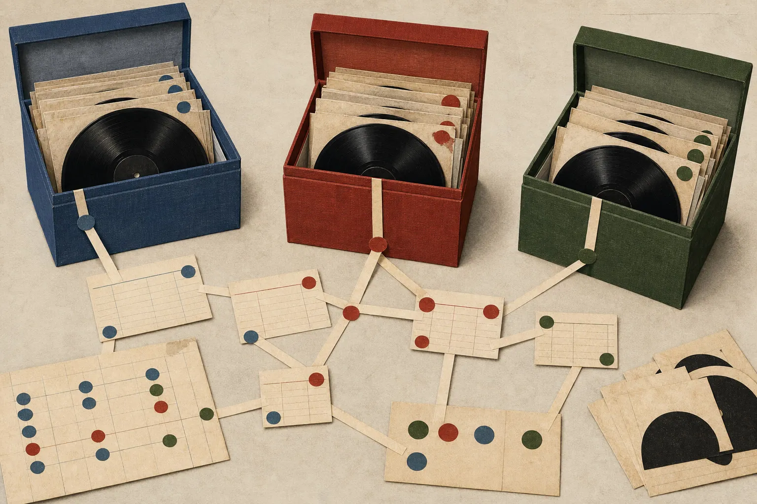 Editorial collage of three open blue, red, and green record boxes connected to paper cards by narrow strips and colored markers.