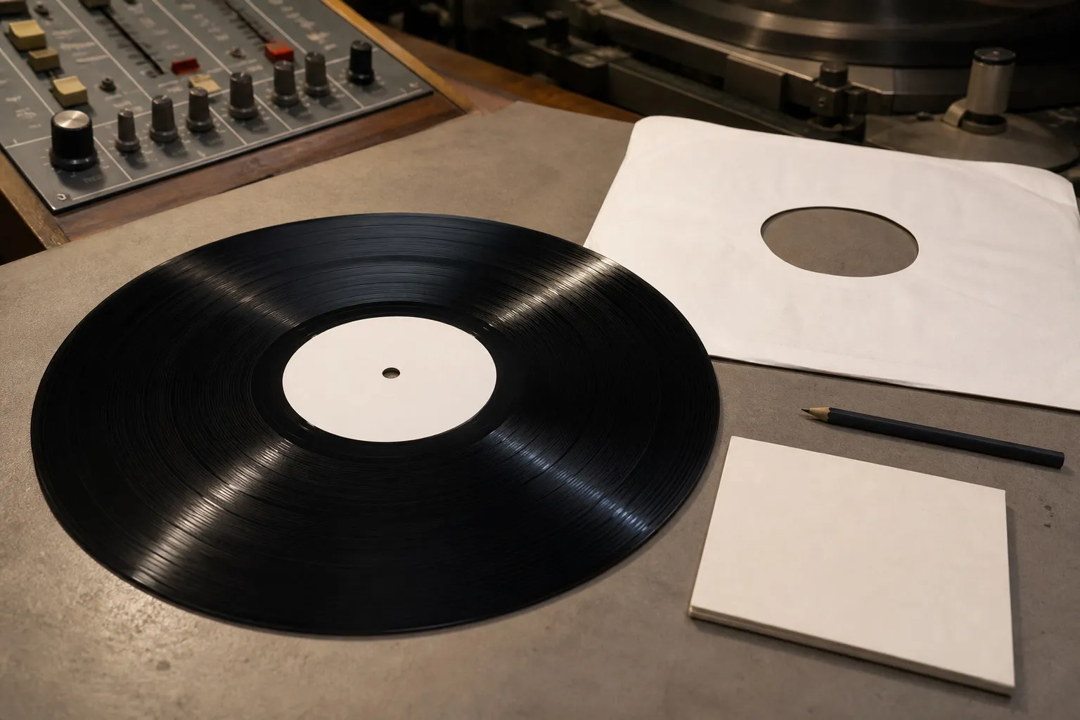 Conceptual editorial photograph of an unlabelled black 12-inch lacquer with widely spaced grooves beside a plain sleeve and mastering equipment.