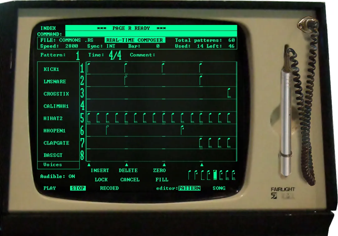Composite view of a Fairlight CMI Series II keyboard, light pen, and Page R sequencer screen showing repeated note blocks on a grid.
