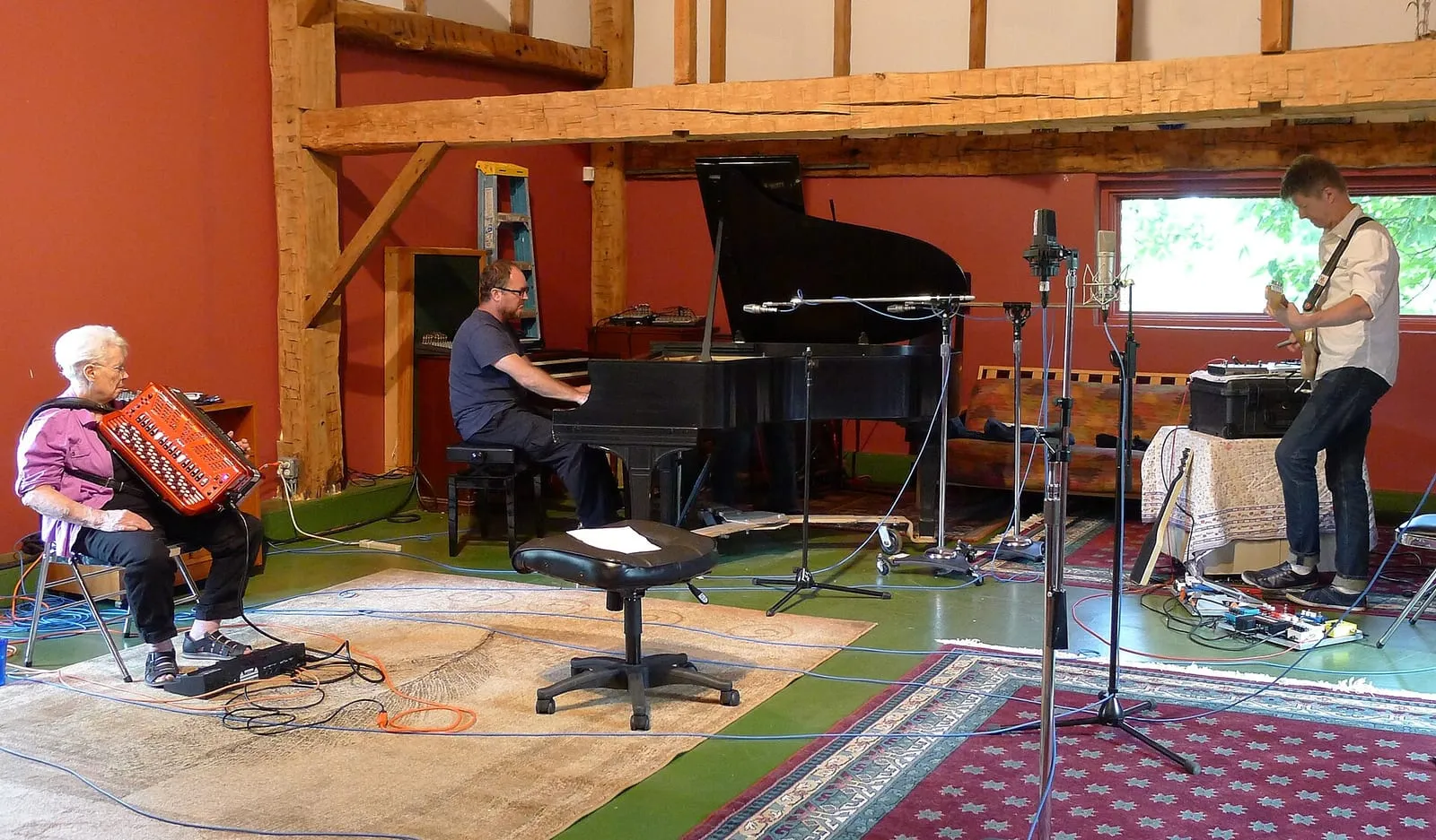 Archive image: Thollem McDonas and Nels Cline recording with Pauline Oliveros recording Thollem and Cline's third album of the Thollem/Cline Trio series. Art Farm Studio in Accord, NY