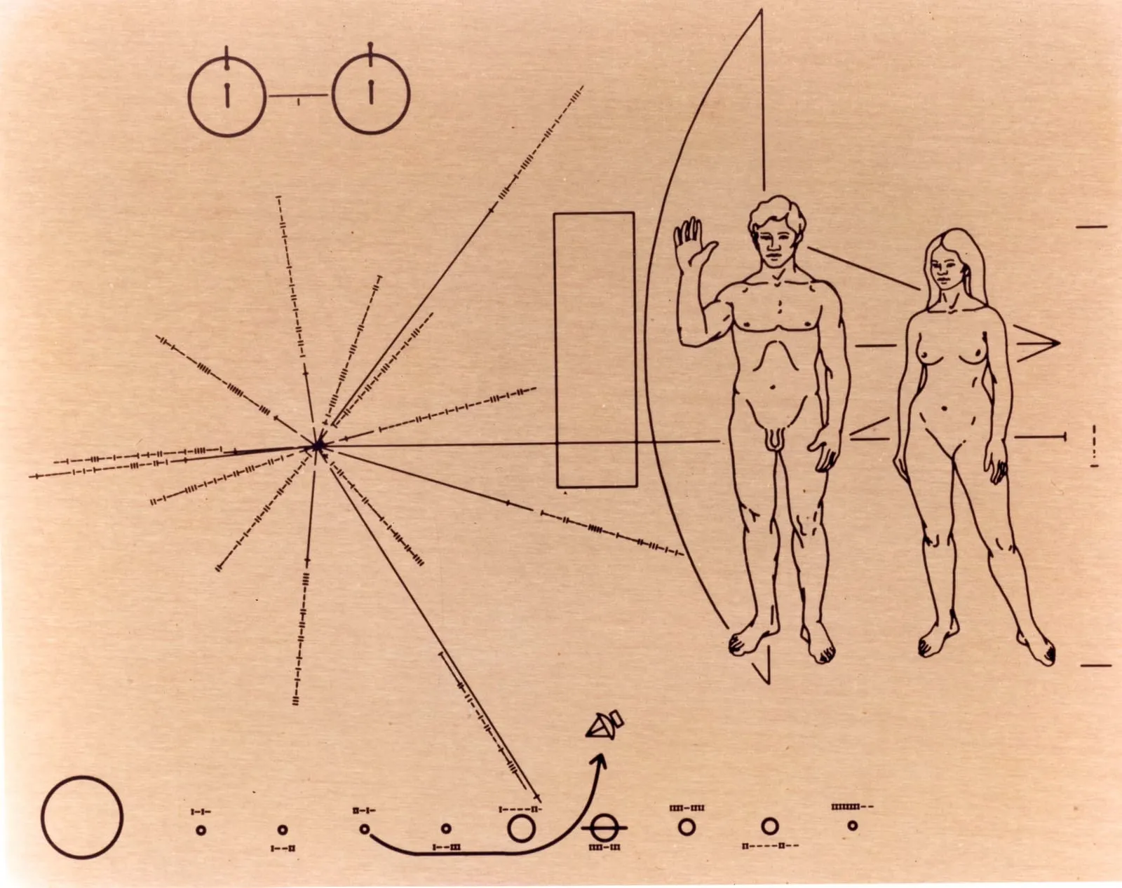 Archive image: NASA image of Pioneer 10's famed Pioneer plaque features a design engraved into a gold-anodized aluminum plate, 152 by 229 millimeters (6 by 9 inches), attached to the spacecraft's antenna support struts to help shield it from erosion by interstellar dust.
