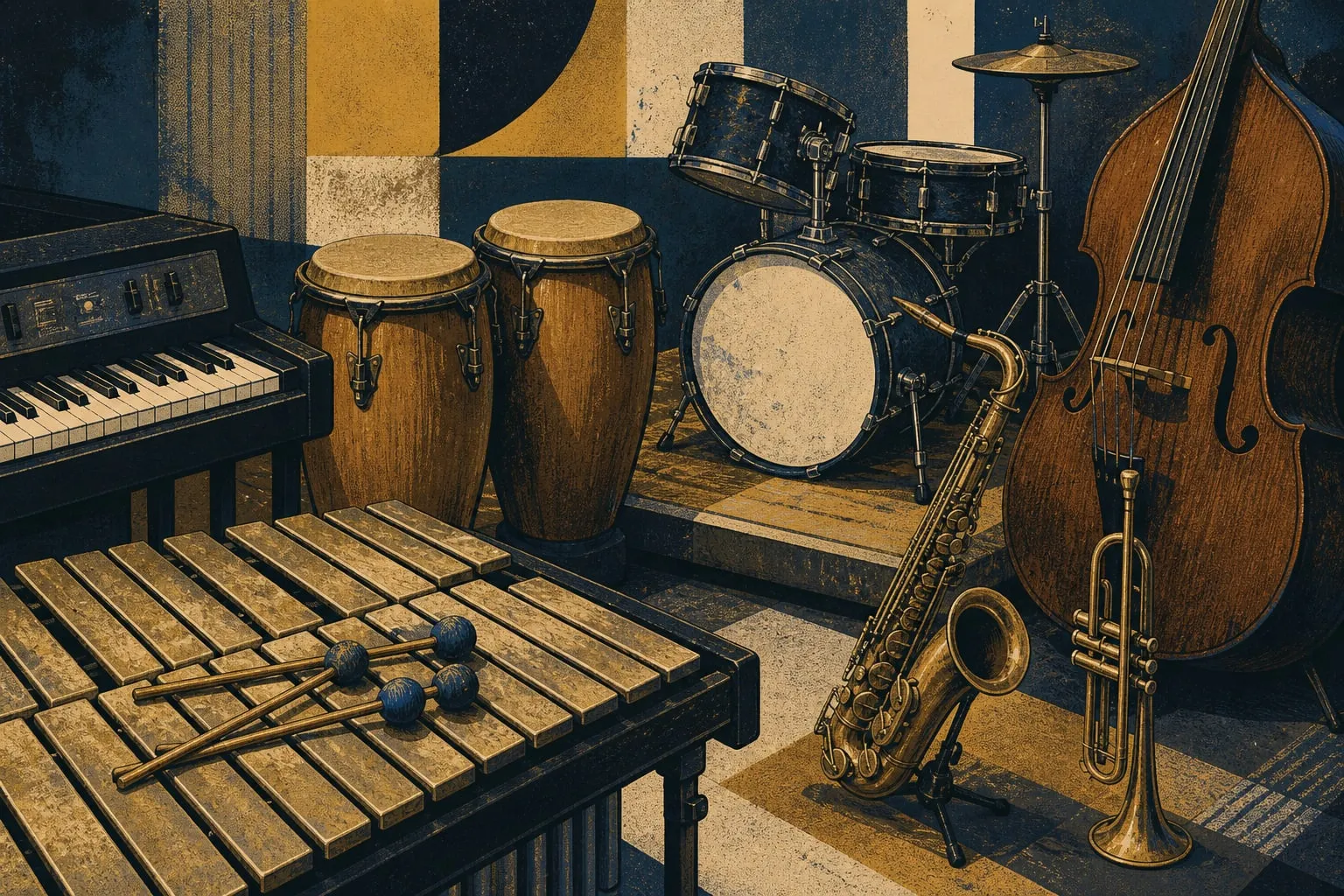 Editorial illustration arranging vibraphone, congas, drums, electric keyboard, double bass, saxophone, and trumpet in one rehearsal space.