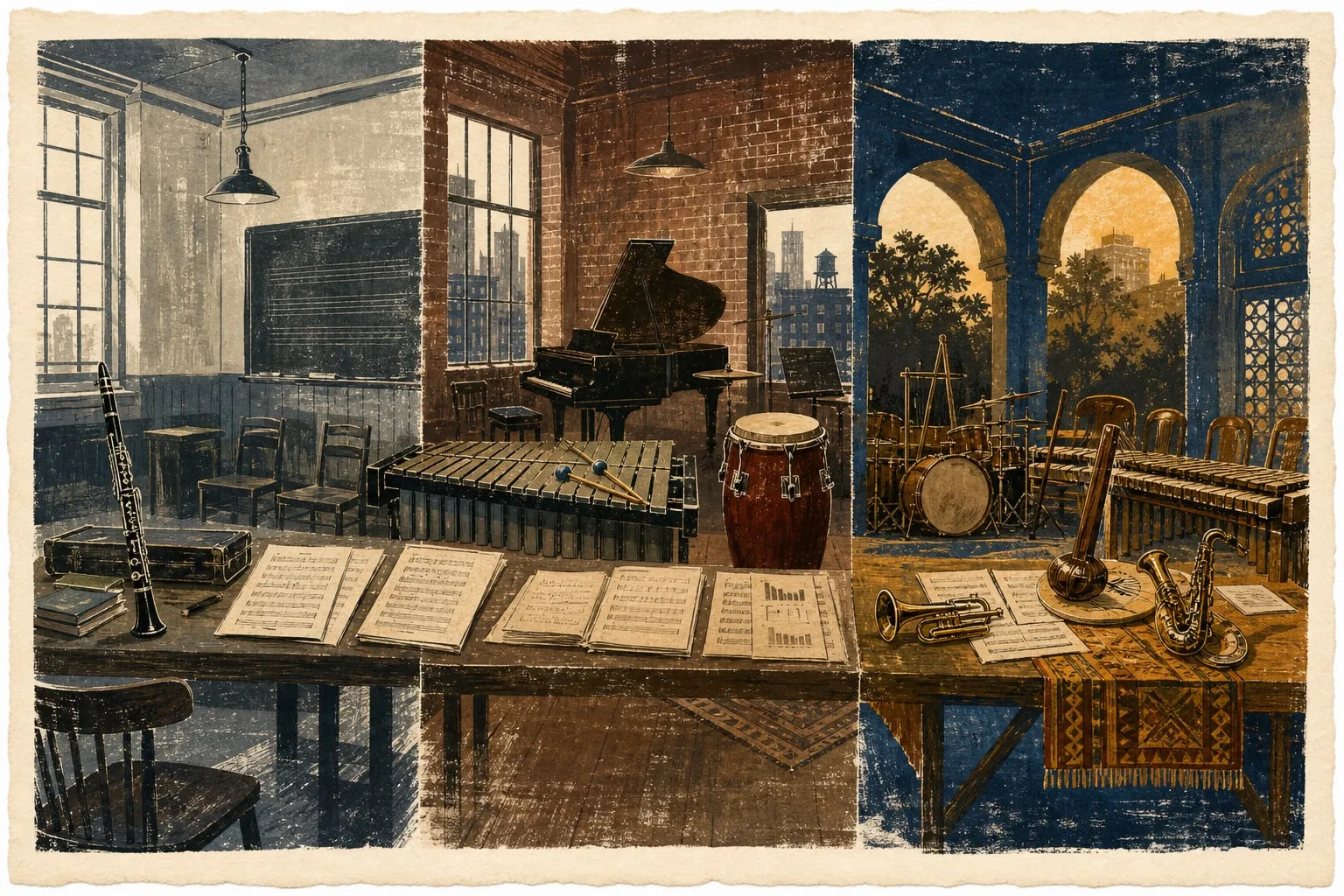 Editorial triptych joining a London classroom, an American jazz rehearsal room, and an Addis Ababa bandstand along one continuous worktable.