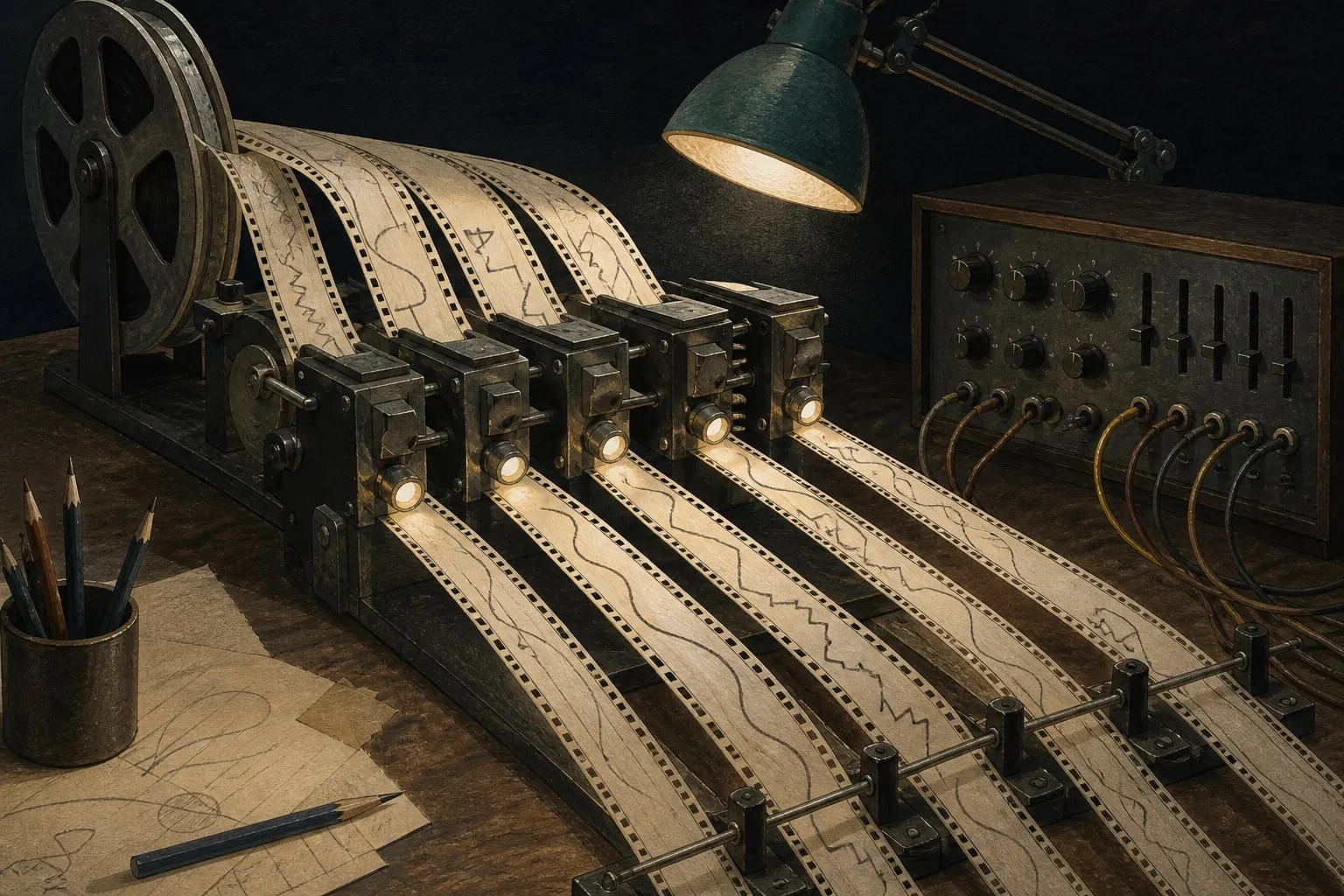 Editorial illustration of multiple hand-drawn film strips moving through individual light readers on an experimental studio workbench.