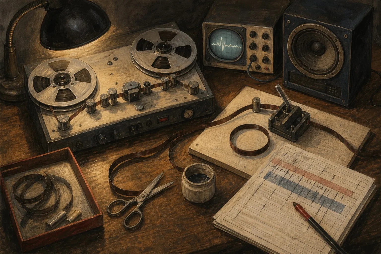 Editorial illustration of a tape workbench with reels, loose tape, scissors, an editing block, timing sheets, an oscilloscope, and a loudspeaker.