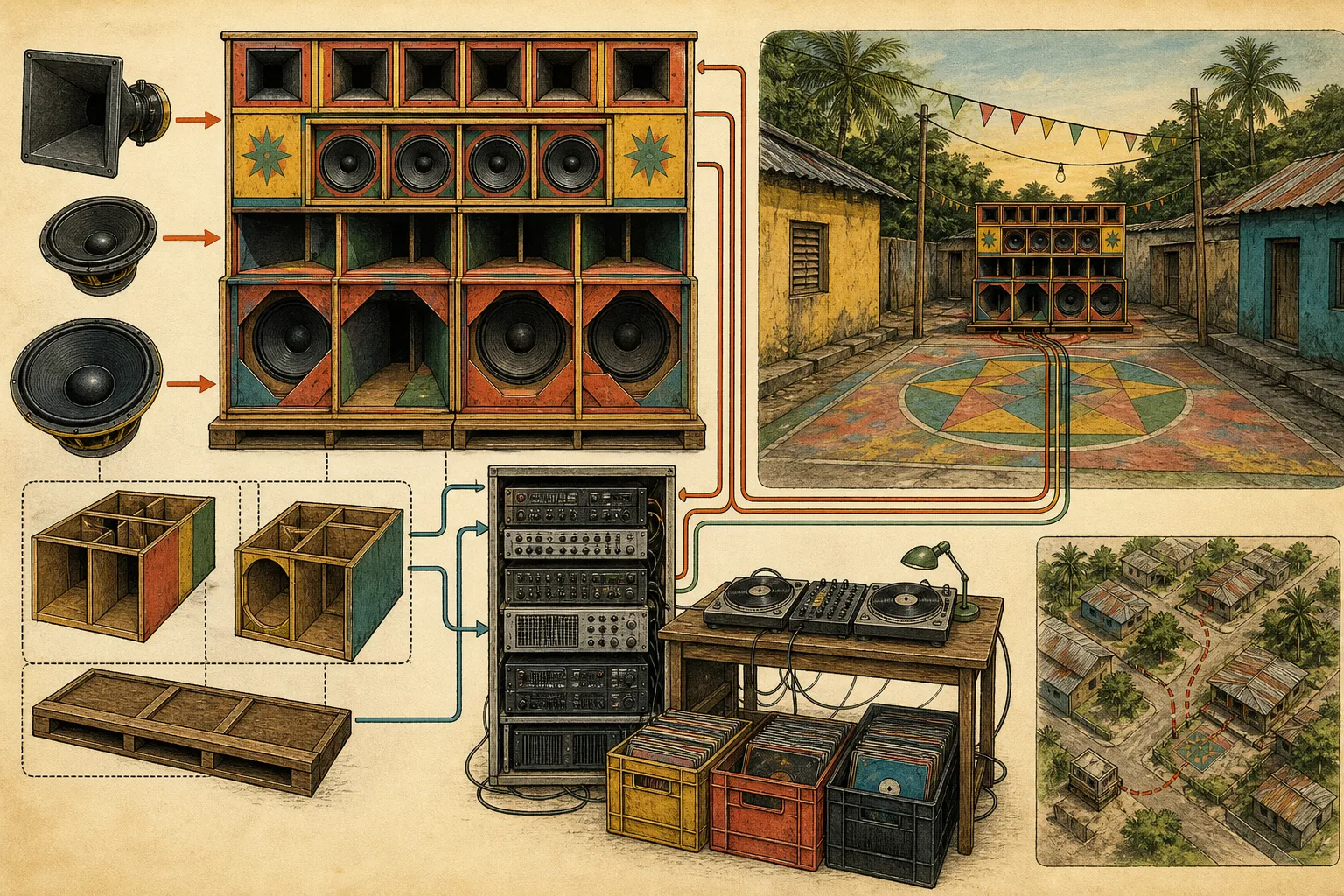 Editorial cutaway showing speaker cabinets, amplifier rack, turntables, record crates, cables, and an outdoor dance area.