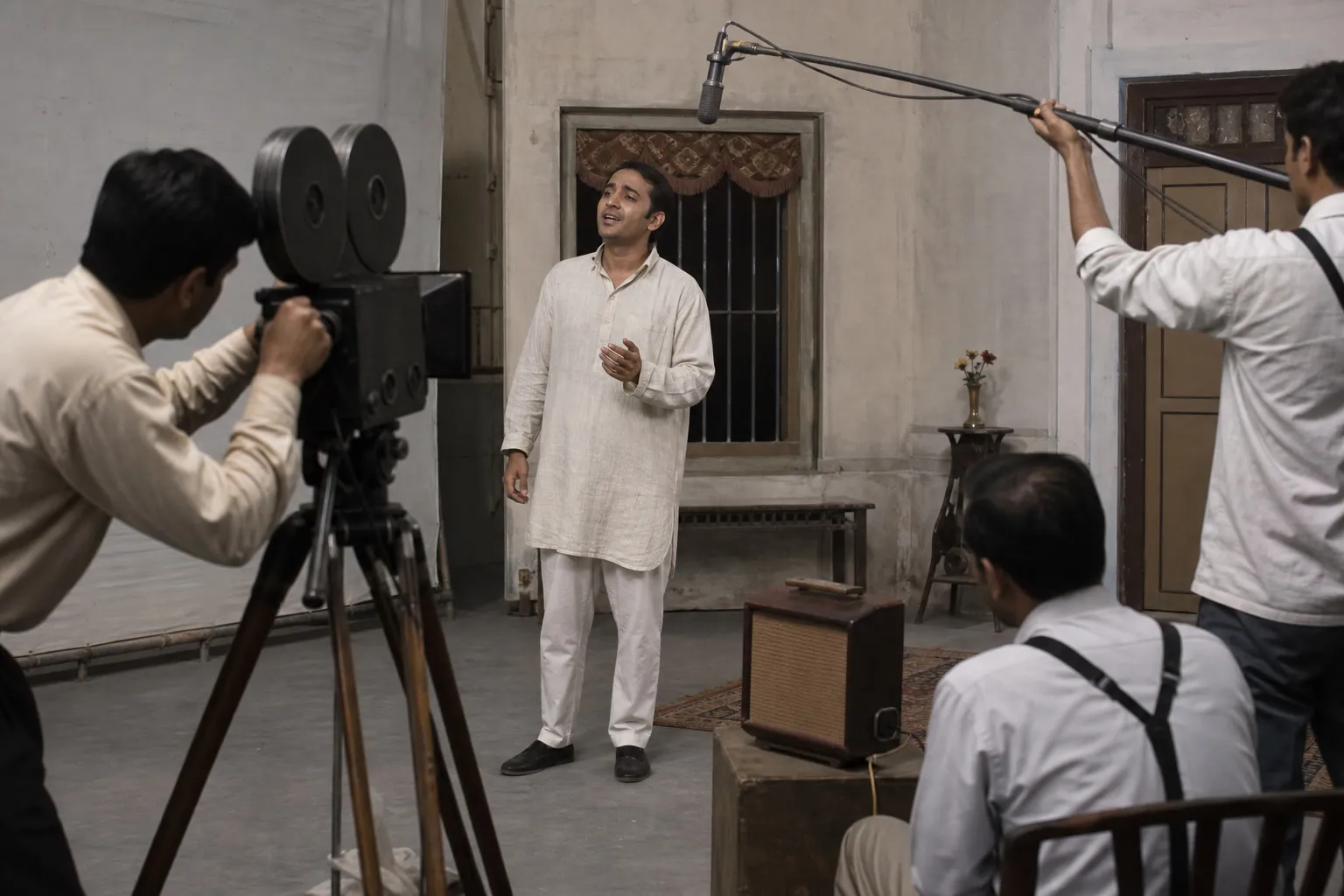 Conceptual editorial photograph of an anonymous actor facing a period film camera while a loudspeaker plays on a reconstructed 1930s Indian soundstage.