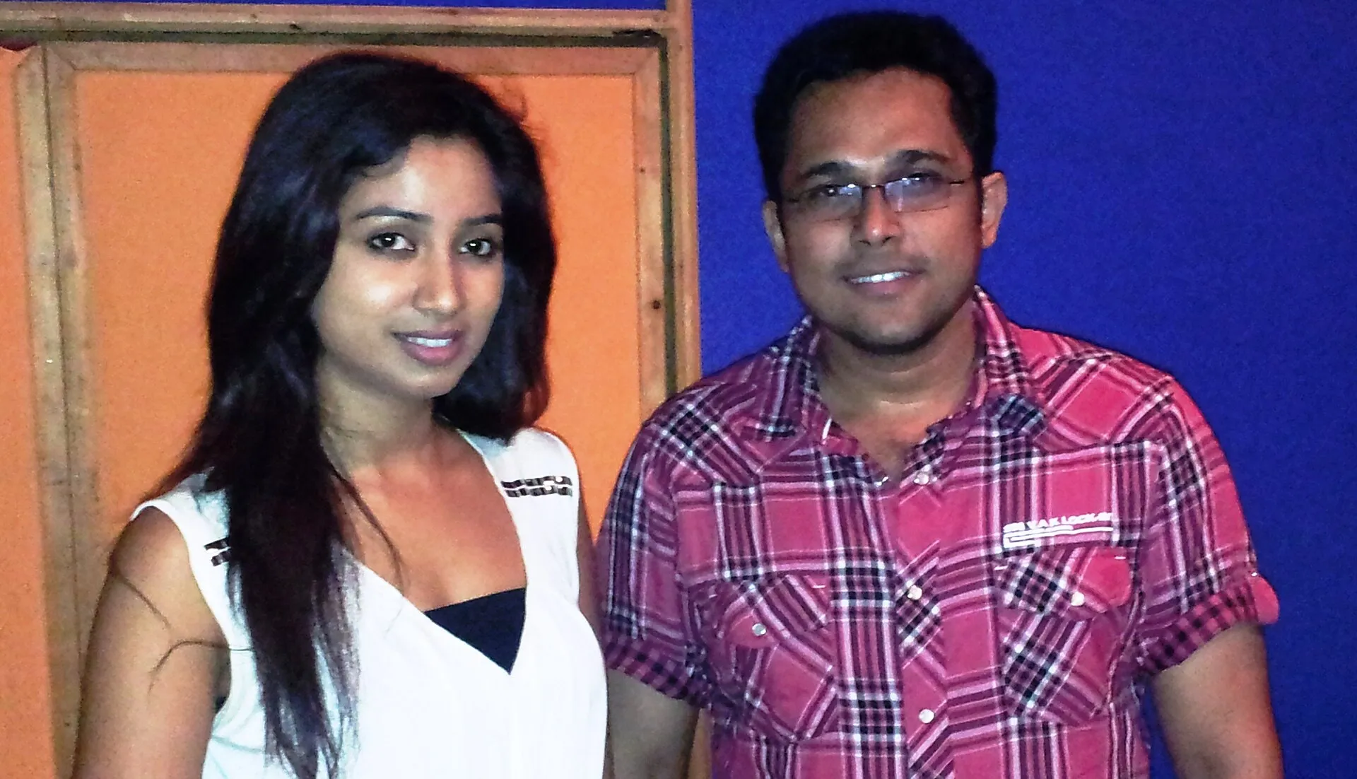 Playback singer Shreya Ghoshal and filmmaker Pritish Chakraborty standing together inside Empire Studio in Mumbai.