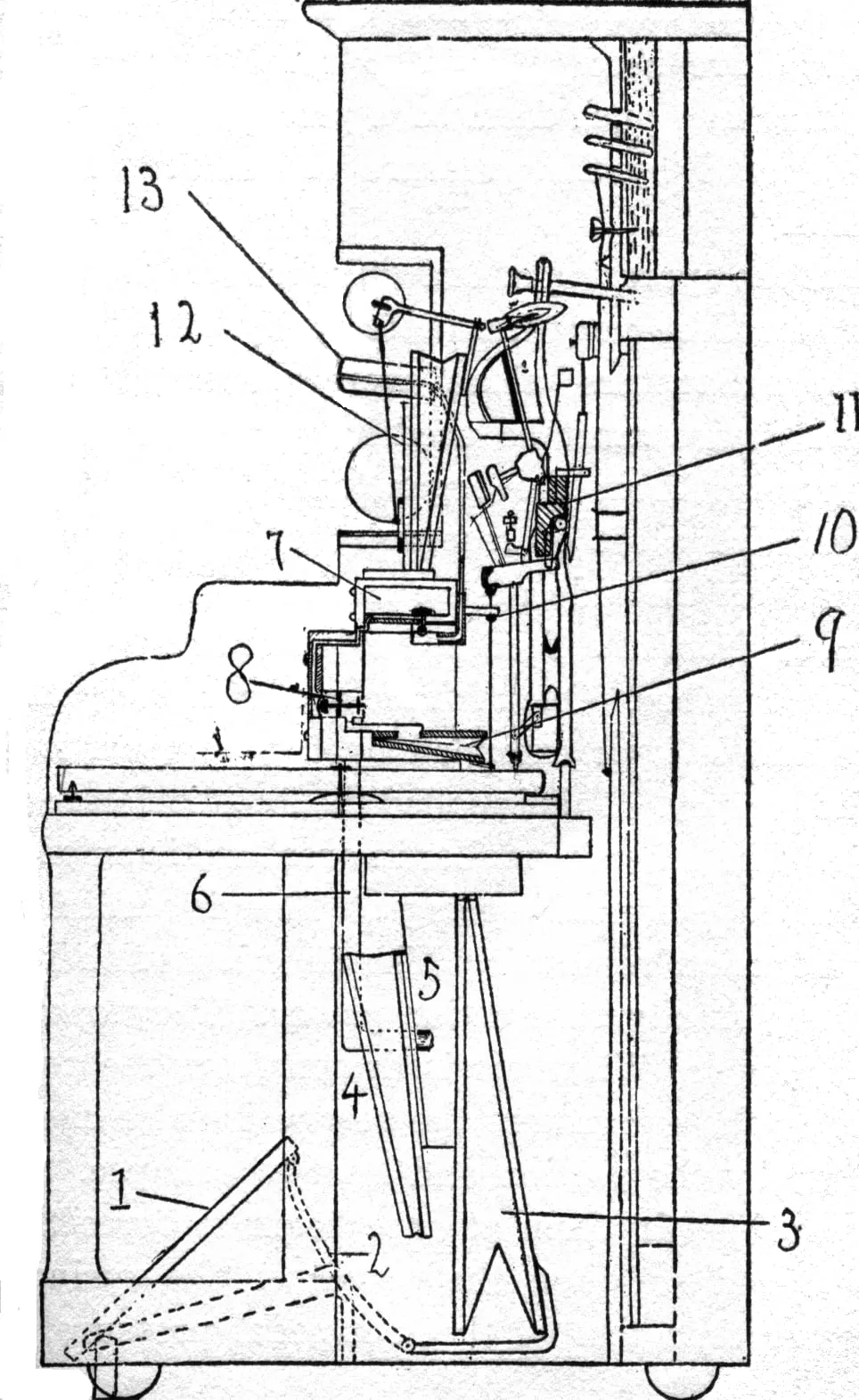 A black-and-white sectional diagram labels the pedal, bellows, valves, pneumatic motor, tracker board, striking pneumatic, and key action inside a player piano.