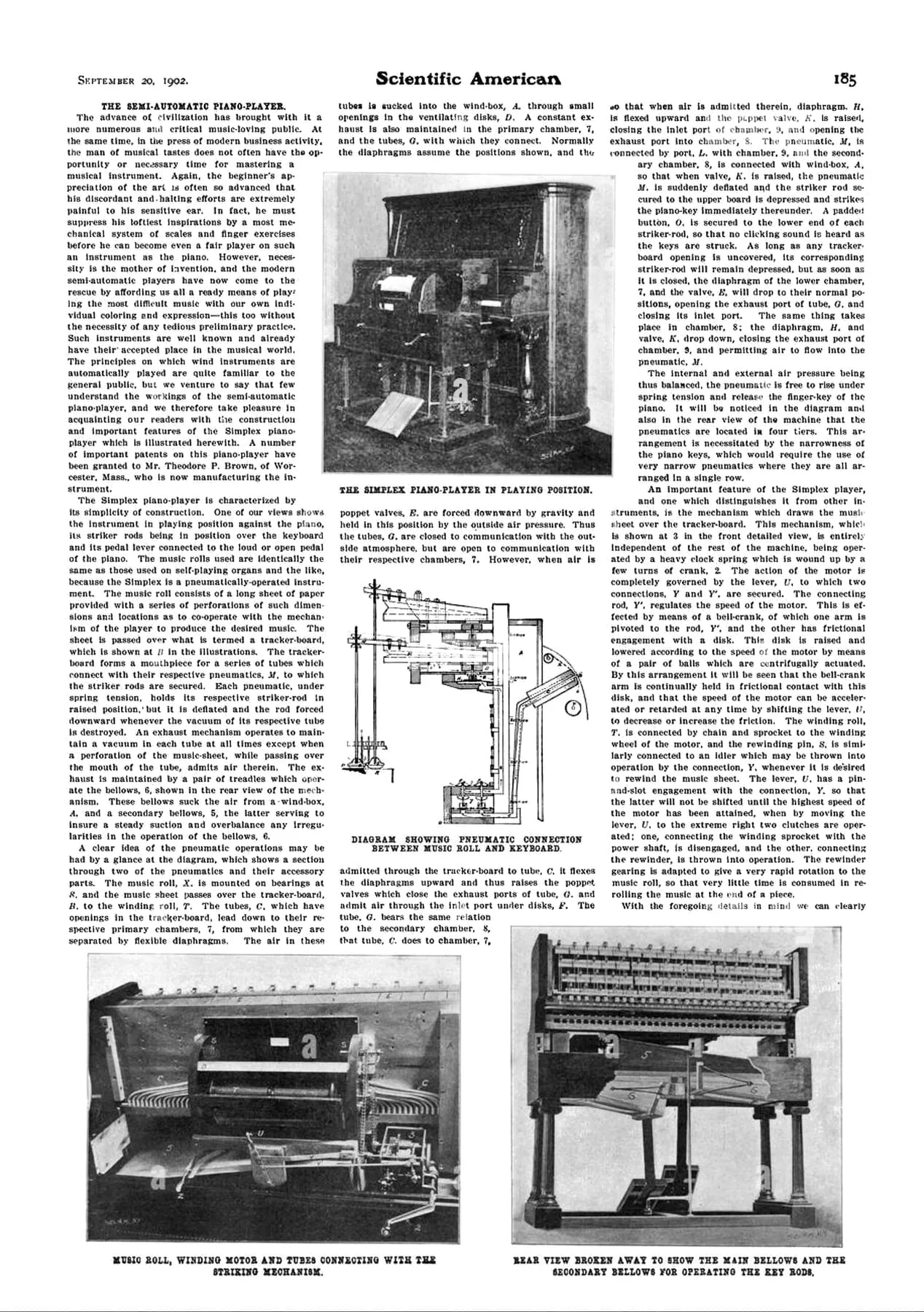 A 1902 Scientific American page shows a cabinet piano player pushed against a keyboard alongside diagrams of its roll, bellows, tubes, and striking fingers.