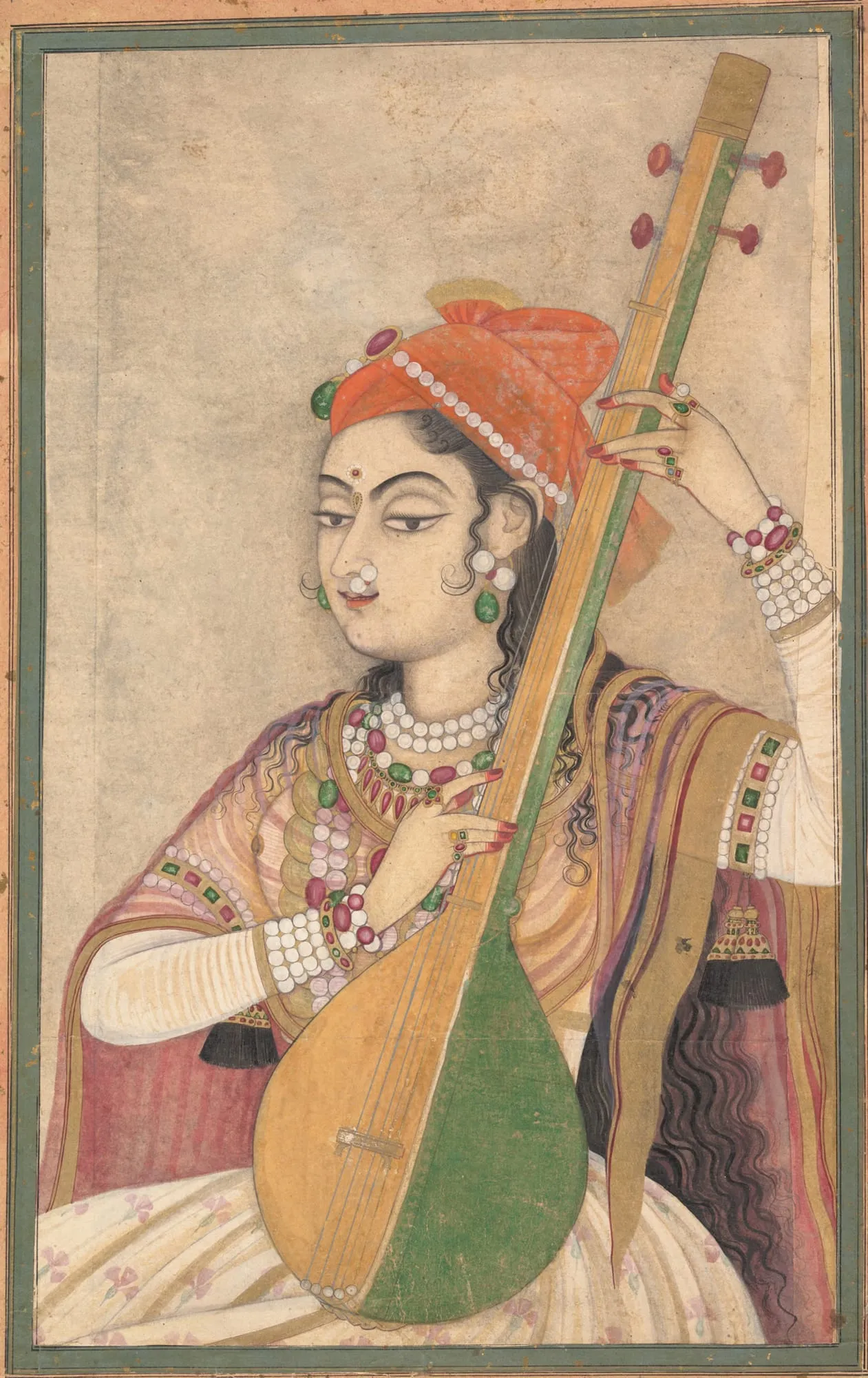 An eighteenth-century Kishangarh painting shows a seated woman in patterned dress holding a long tanpura upright beside her shoulder.
