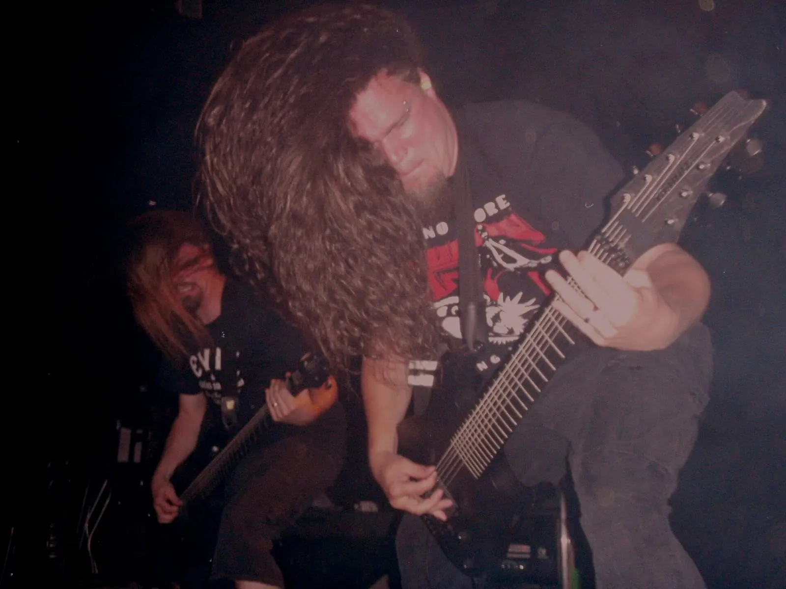 Meshuggah guitarists Fredrik Thordendal and Marten Hagstrom performing together in Prague in June 2008.