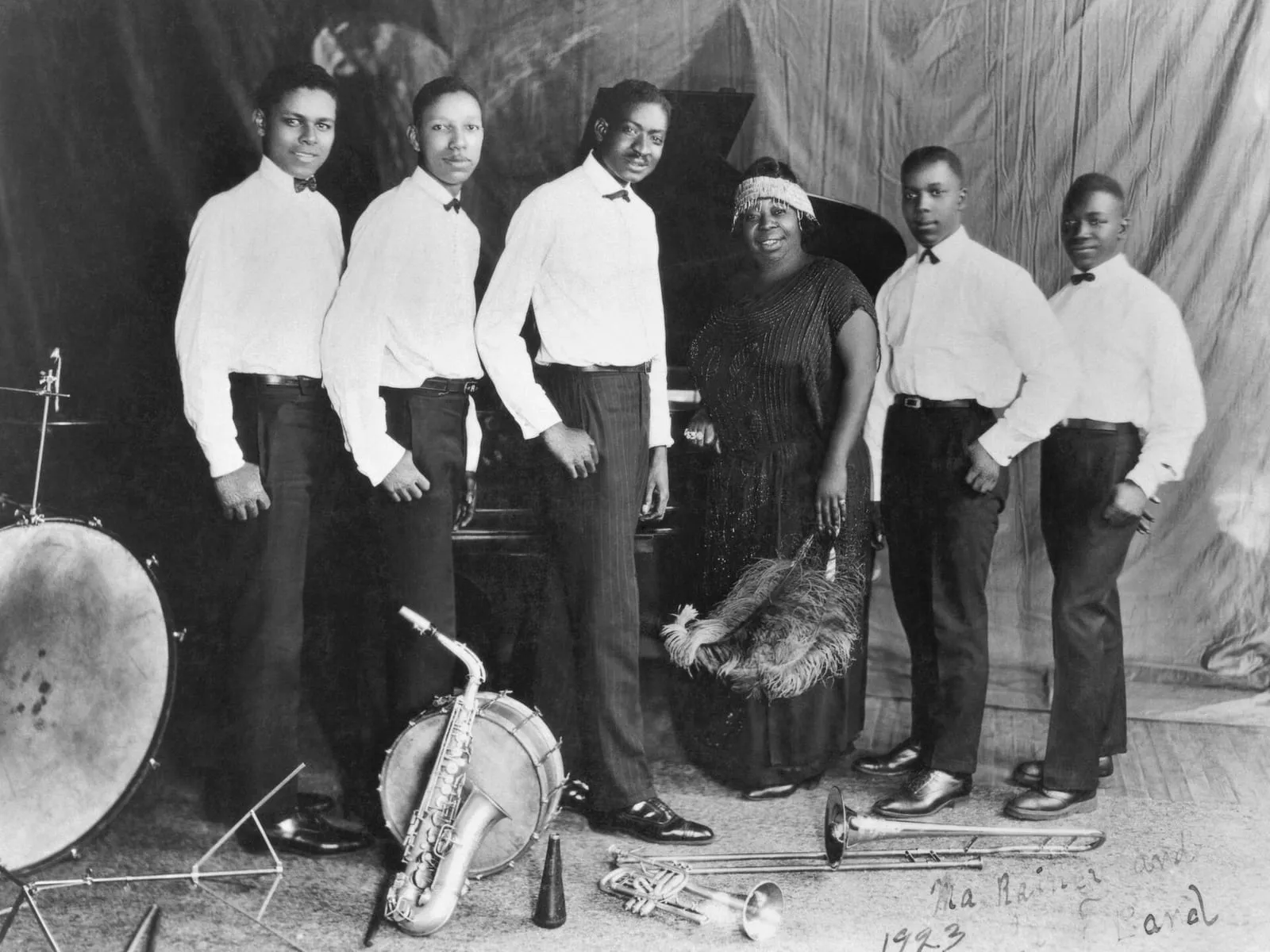 Archive image: (Left to right, per Getty Image crediting): Ed Pollack, Albert Wynn, Thomas A. Dorsey, Ma Rainey, Dave Nelson, and Gabriel Washington in 1923.