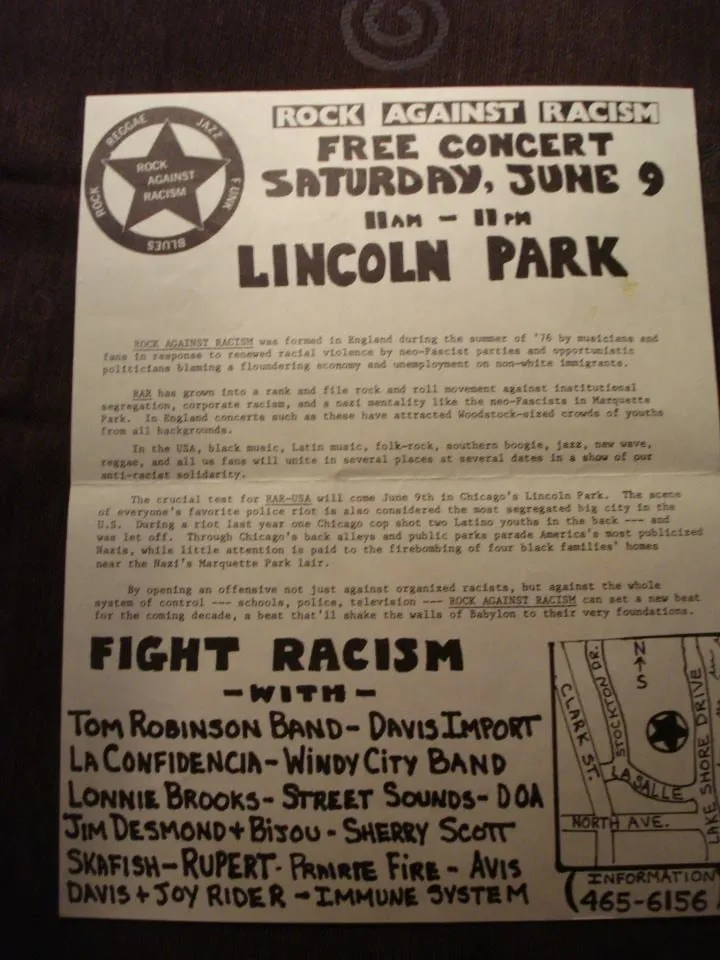 A Rock Against Racism leaflet combining hand-drawn figures, bold lettering, and information about the campaign.