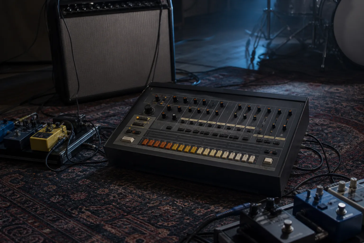 Conceptual editorial photograph of a generic early analog drum machine connected beside guitar pedals and a large amplifier in a rehearsal room.