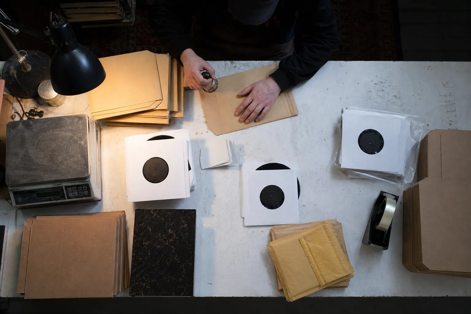 Conceptual overhead photograph of blank seven-inch records, sleeves, cardboard mailers, envelopes, postage scale, tape, and a person stamping a package.
