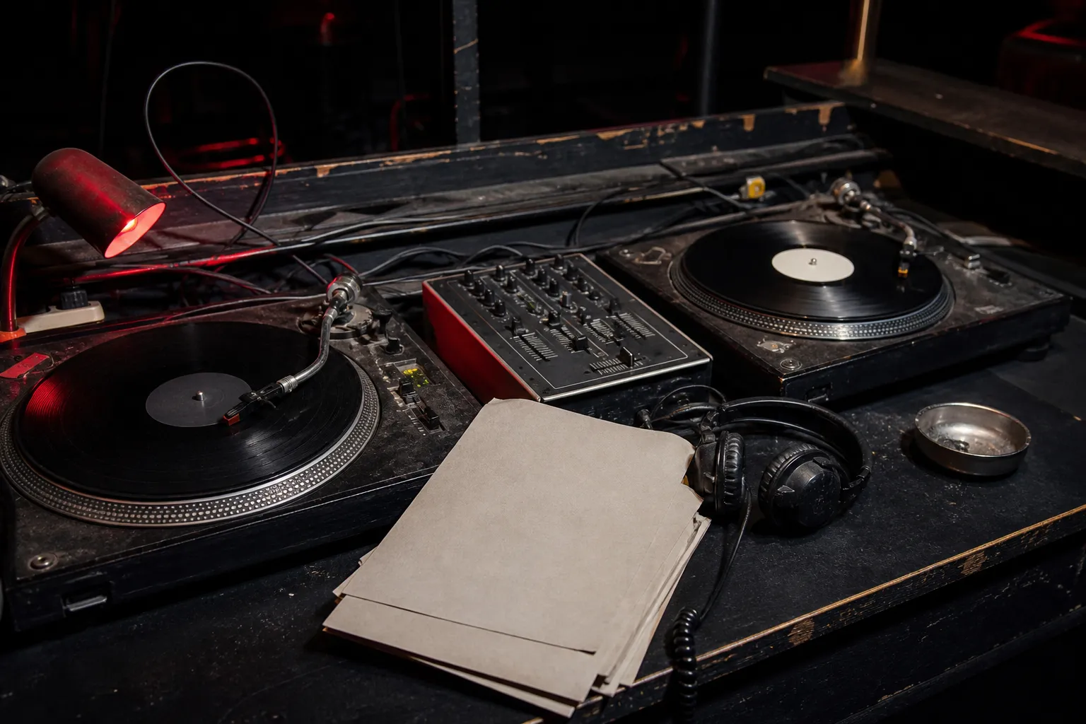 Conceptual editorial photograph of two turntables, a small mixer, headphones, blank cue sheets, and a red lamp in a worn nightclub DJ booth.