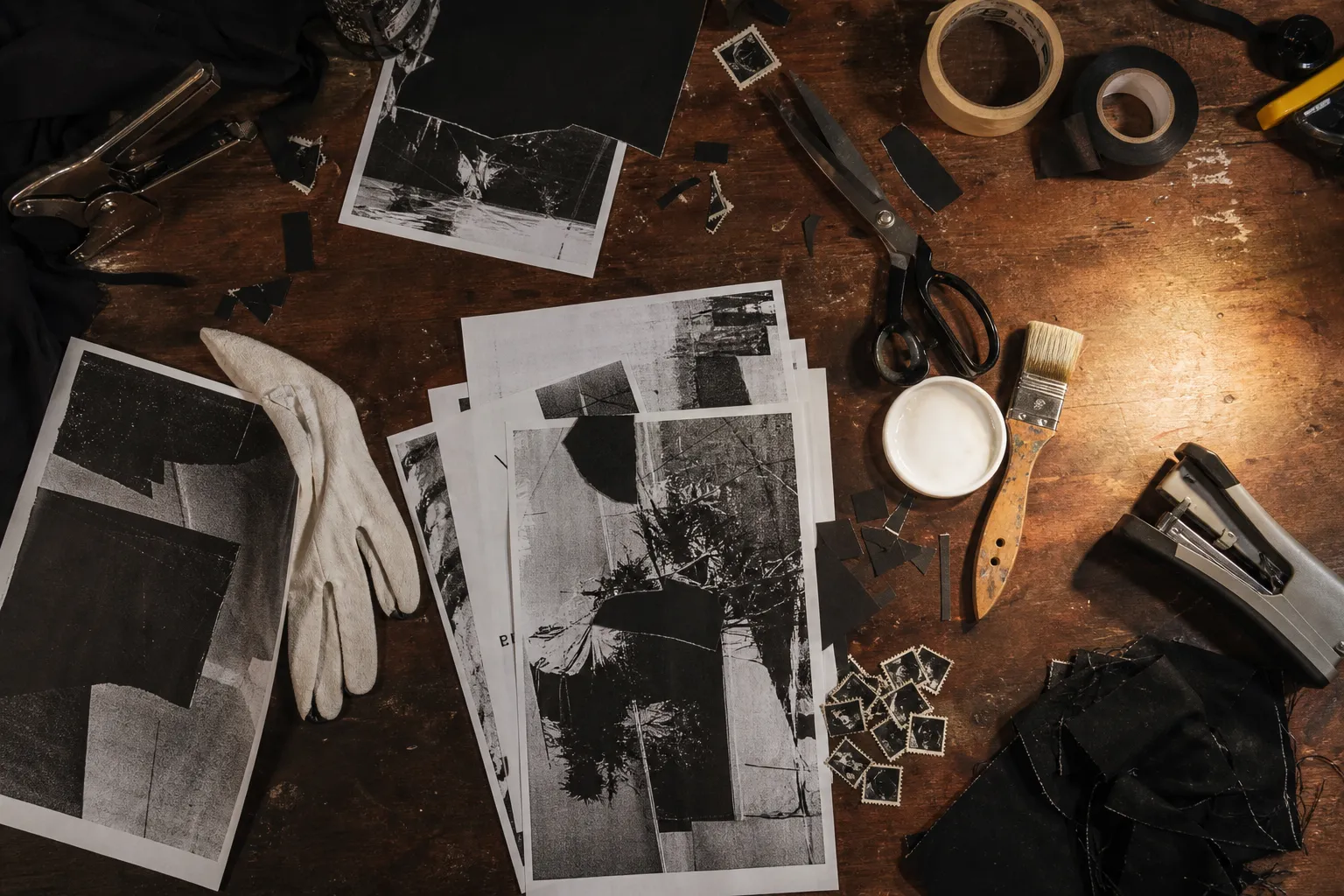 Conceptual overhead photograph of scissors, brushes, tape, monochrome photocopies, fabric scraps, and stamps on a scratched wooden worktable.