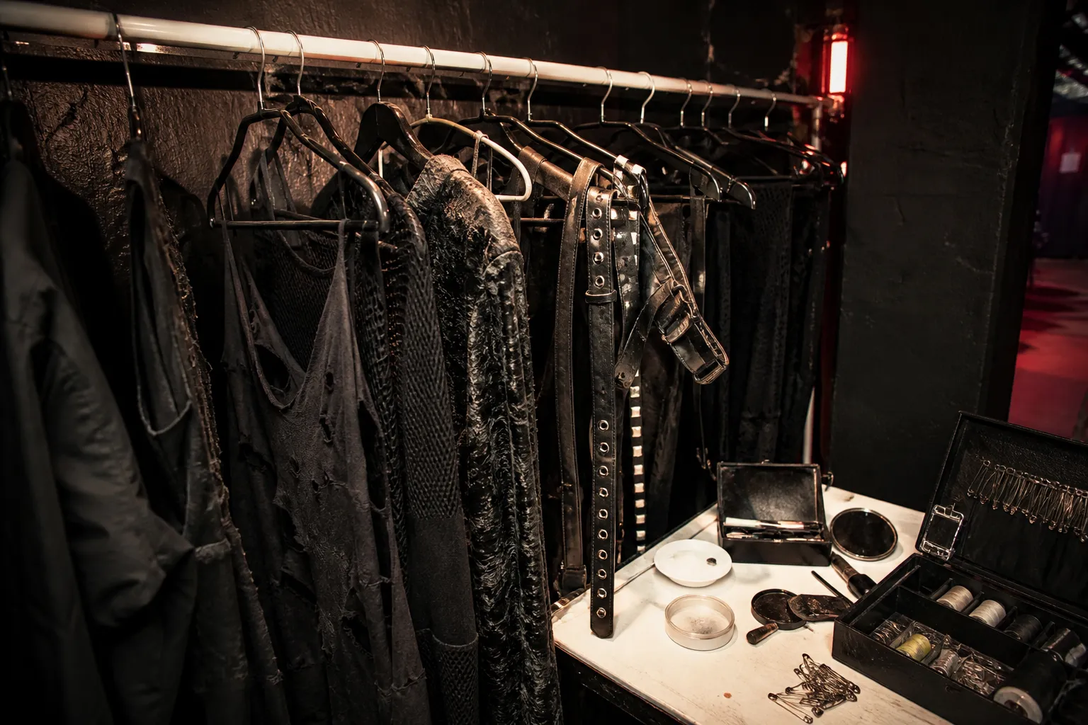 Conceptual editorial photograph of handmade black garments, distressed velvet, mesh, belts, makeup tools, thread, and safety pins in a narrow backstage wardrobe.