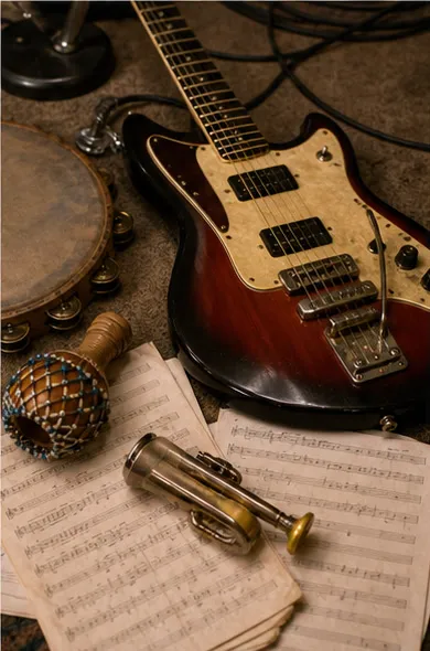Conceptual editorial photograph of an electric guitar, tambourine, shekere, trumpet, cables, and blurred score pages on a studio floor.