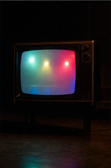 Conceptual editorial photograph of a vintage television glowing with diffused red, green, blue, and yellow stage lights in a dark studio.