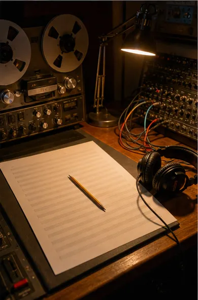 Conceptual editorial photograph of an arranger's desk with blank staff paper, pencil, tape machines, patch cables, and headphones.