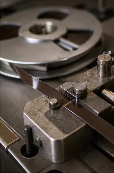 Conceptual editorial macro photograph of magnetic tape passing through a metal splicing block beside a reel-to-reel machine.