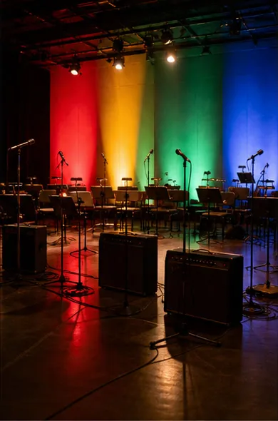 Conceptual editorial photograph of an empty television stage with microphones, amplifiers, orchestral chairs, and colored practical lights.