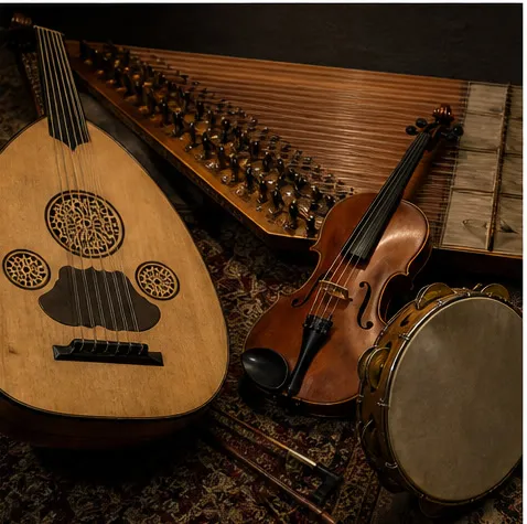 Conceptual editorial photograph of an oud, qanun, violin, riq, and nay arranged closely together on a patterned carpet.