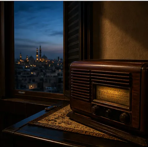 Conceptual editorial photograph of a wooden tabletop radio beside an open window overlooking a city at blue hour.