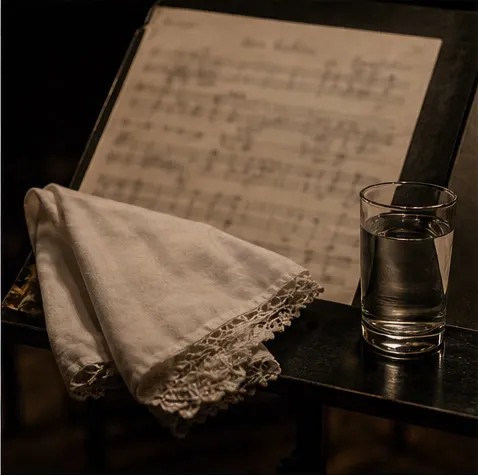 Conceptual editorial photograph of a folded white handkerchief and water glass resting before a blurred rehearsal page.