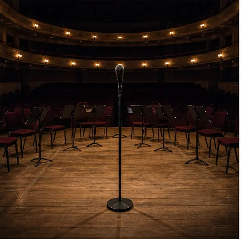 Conceptual editorial photograph from a theater stage showing one microphone, empty orchestral chairs, music stands, and dark balconies.