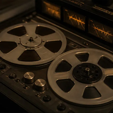 Conceptual editorial macro photograph of two reels turning on an analog tape recorder beside illuminated level meters.