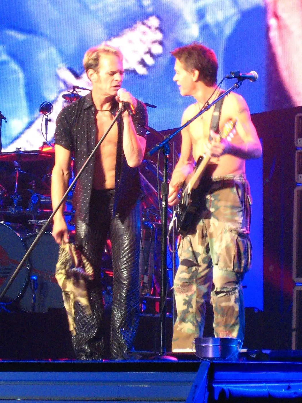 Archive image: David Lee Roth with Eddie Van Halen Taken at The Van Halen Tour featuring David Lee Roth (lead vocals), Eddie Van Halen (guitars), Wolfgang Van Halen (bass) and Alex Van Halen (drums). The concert was held at Bell Center, Montreal on 10th November, 2007.