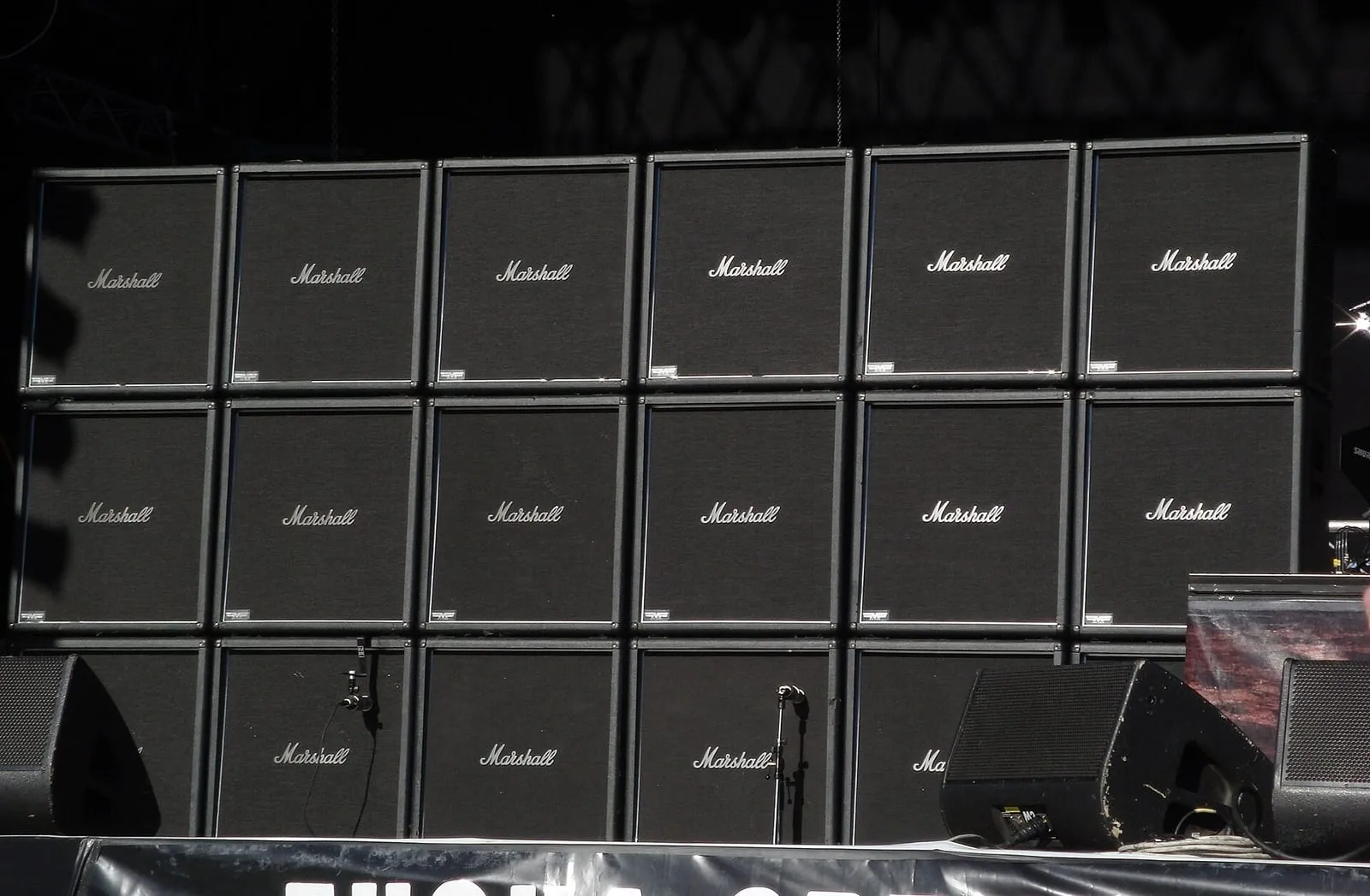 Archive image: A 3 x 6 stack of Marshall guitar cabinets (the setup of Jeff Hanneman from Slayer) on the Tuska open air metal festival main stage in 2008